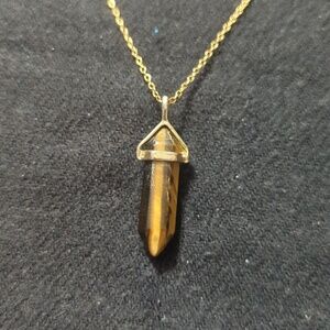 Gold Tone Brown Tiger's Eye Gemstone Point Pendant Statement Necklace